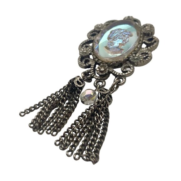 Iridescent Glass Cameo Brooch Intaglio Tassel Dangle Silver Tone Filigree AB Pin - Picture 8 of 13